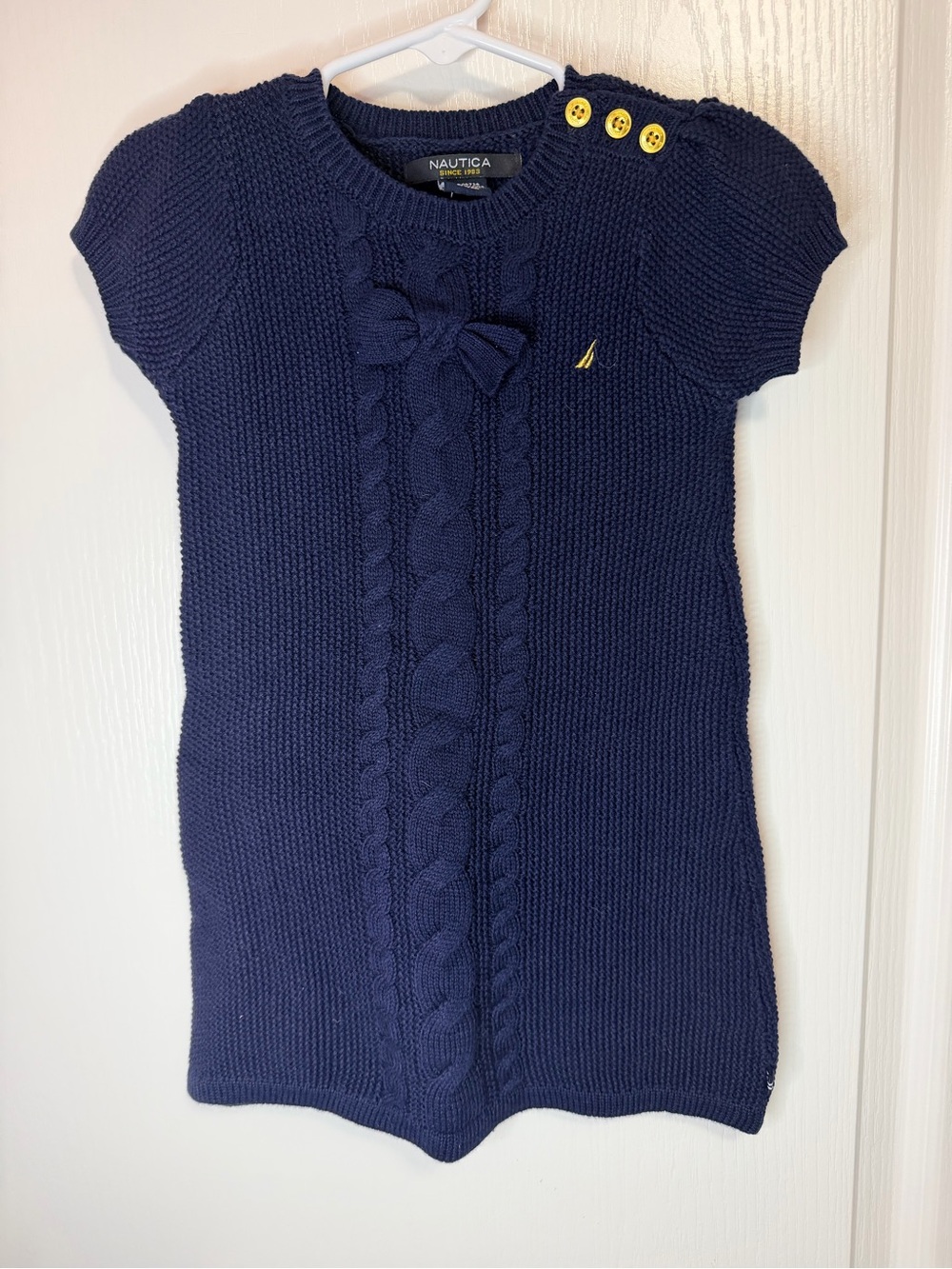 Nautica Navy Knit Short Sleeve Dress Top with Yellow Button Accents